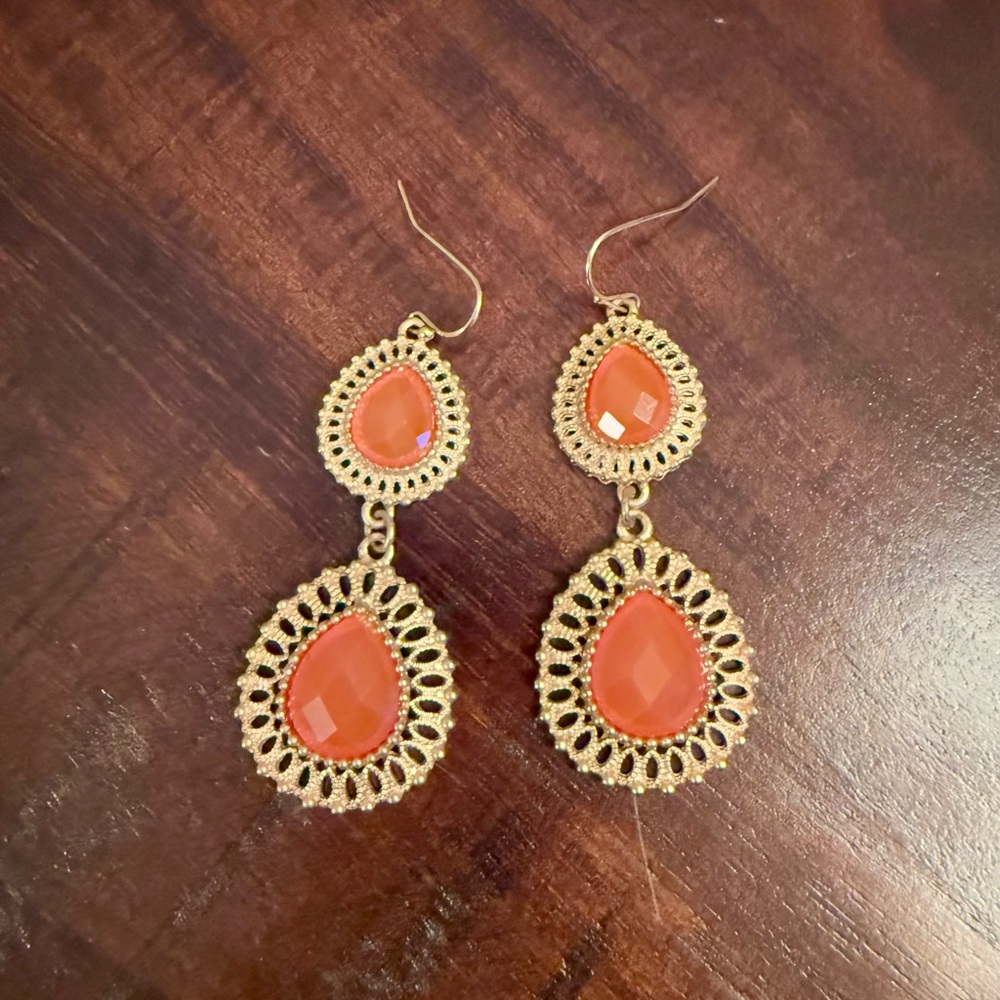 Gold and Orange Dangle Earrings